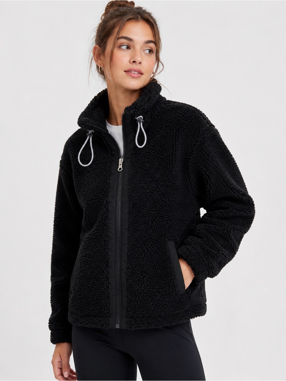 GAP Fit Black Sherpa Teddy Fleece Jacket XS Full Zip Cozy Athleisure